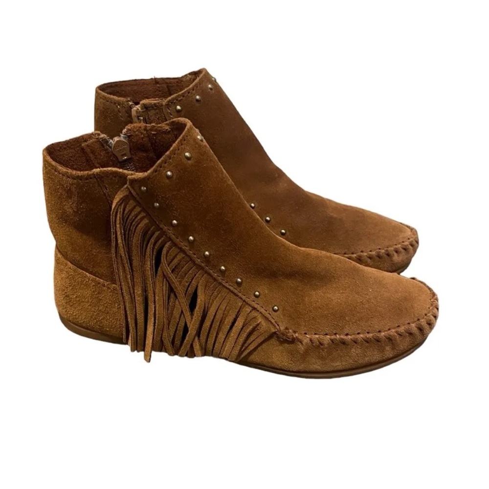 Minnetonka Ankle Bootie Women Sz 7.5 Rust Brown Fringe Studded Boho Bohemian